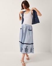 Cara Embroidered Stripe Midi Skirt, Blue (BLUE), large