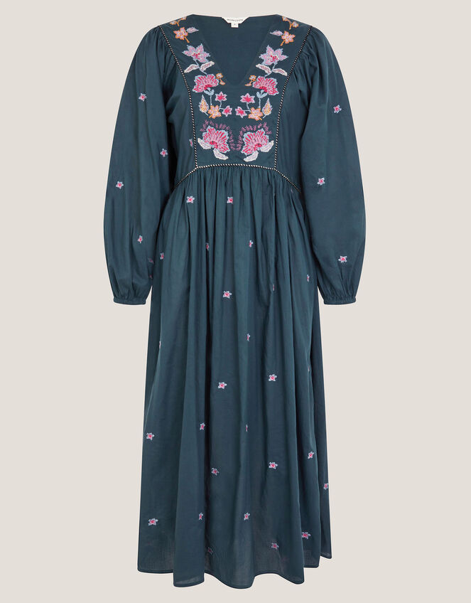 Bria Embroidered Long Sleeve Midi Dress, Blue (BLUE), large