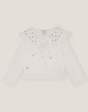 Embellished Broderie Sailor Collar Top, Ivory (IVORY), large