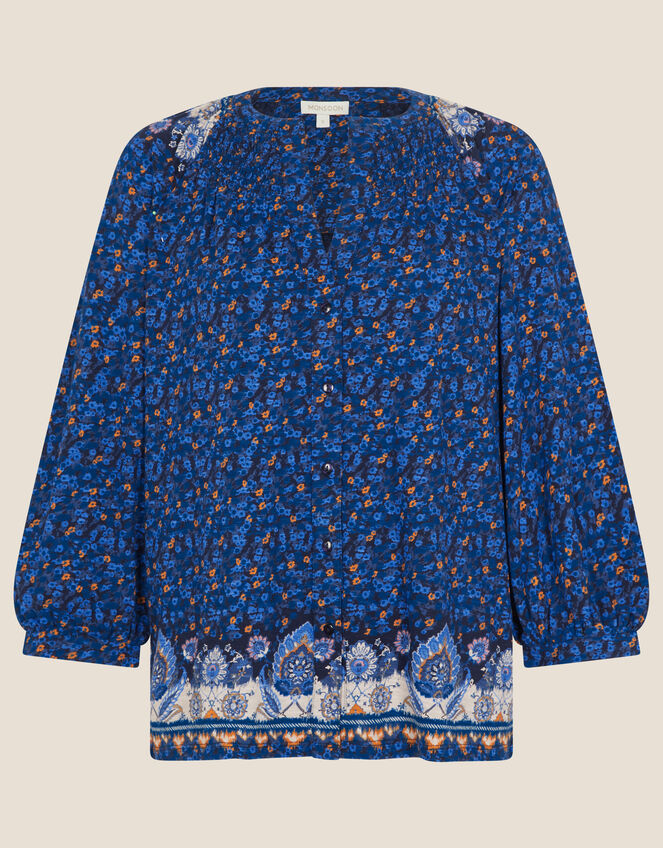 Longline Floral Heritage Jersey Top, Blue (NAVY), large