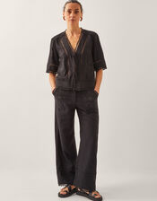 Hayley Embroidered Linen Blend Pants, Black (BLACK), large