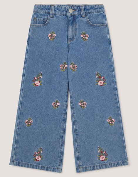 Floral Embroidered Wide Leg Jeans, Blue (BLUE), large