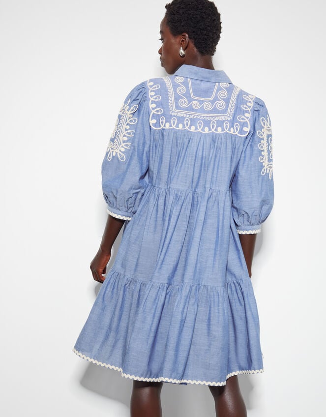 Damia Embroidered Chambray Mini Shirt Dress, Blue (DENIM BLUE), large