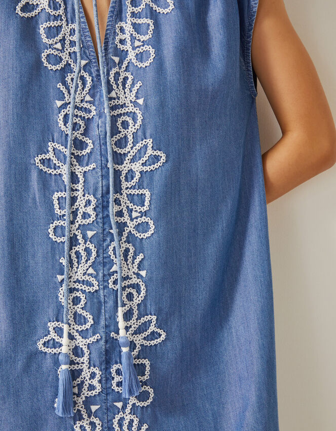 Isolde Embroidered Chambray Mini Dress, Blue (DENIM BLUE), large