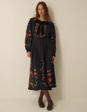 Camille Velvet Bow Floral Print Midi Dress, Black (BLACK), large
