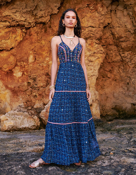 Embellished Print Maxi Cami Dress in Sustainable Viscose, Blue (NAVY), large