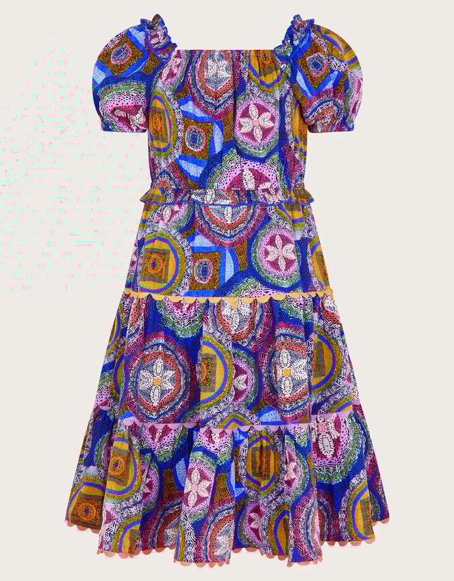 Short Sleeve Scallop Print Dress, Blue (BLUE), large