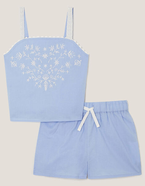 Embroidered Top and Shorts Pyjama Set, Blue (BLUE), large
