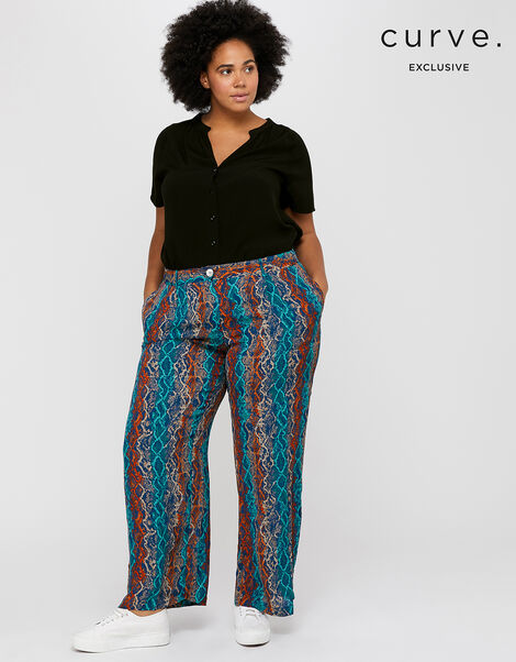 Nagini Snake Print Wide Leg Trousers Blue, Blue (NAVY), large