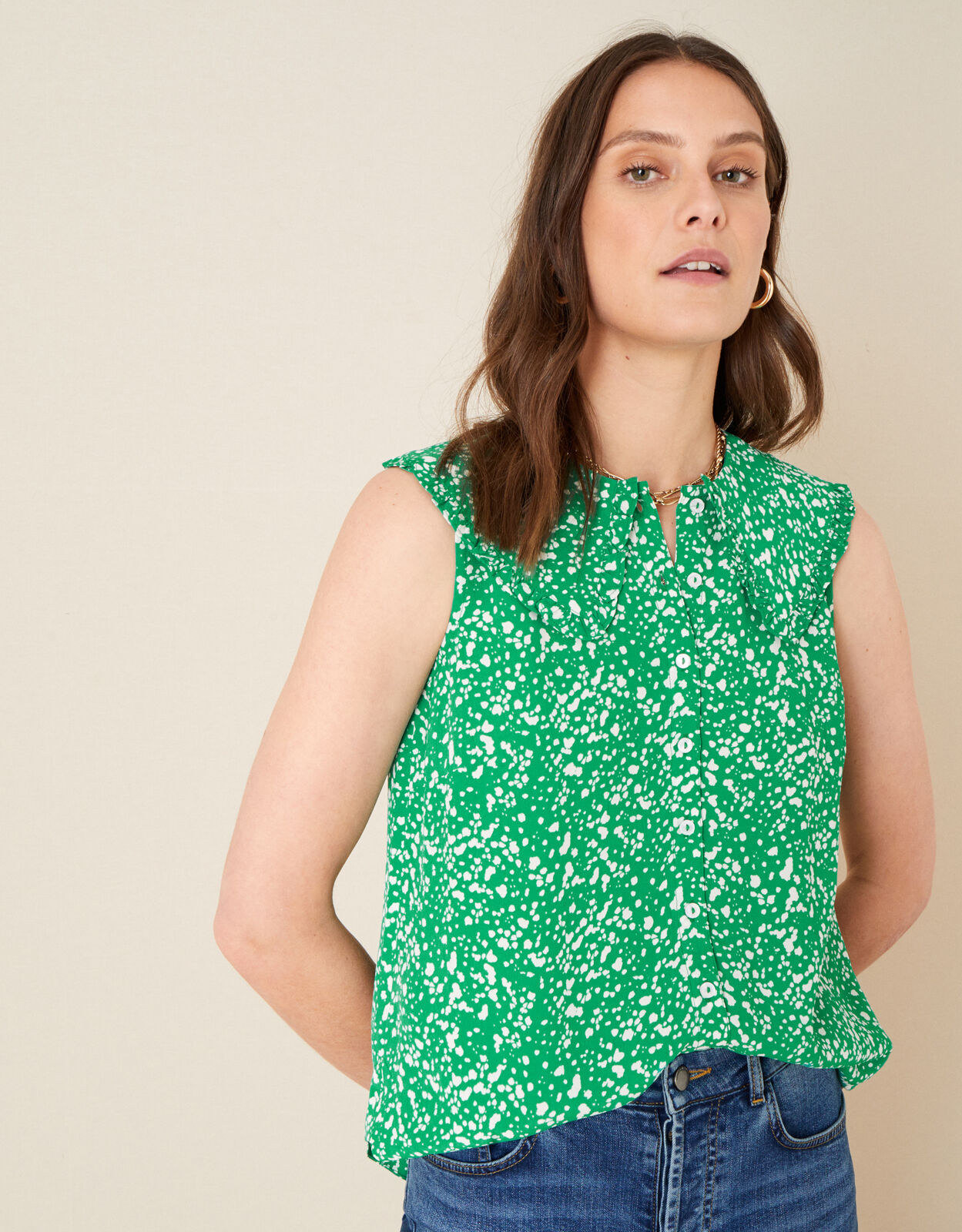 Leila Print Collar Sleeveless Top Green Vests Camisoles And