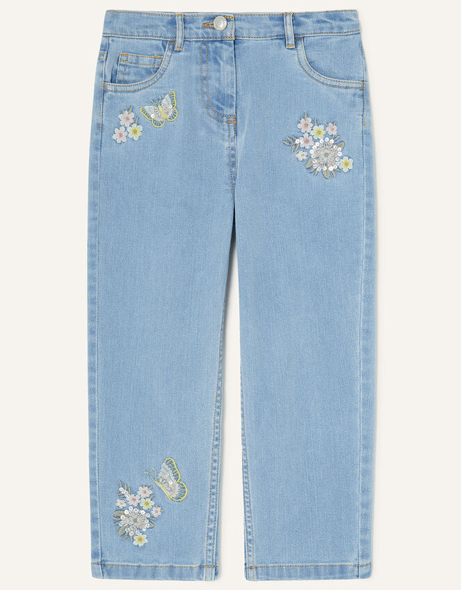 Straight Leg Embellished Flower Mom Jeans, Blue (BLUE), large