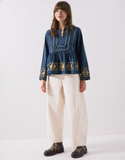 East Katie Embroidered Peplum Blouse, Teal (TEAL), large