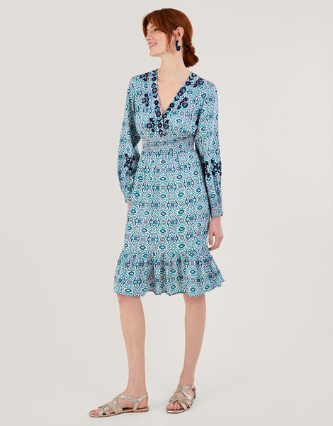 Faye Geometric Print Embroidered Dress in LENZING™ ECOVERO™ Blue, Blue (BLUE), large