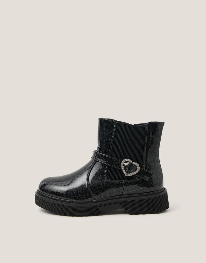 Heart Buckle Glitter Patent Boots, Black (BLACK), large