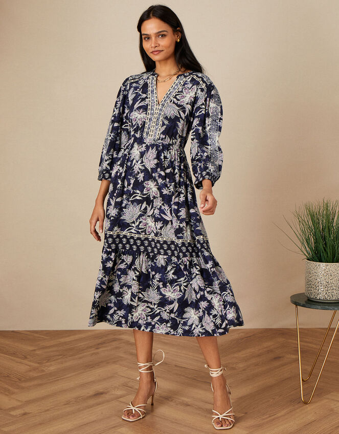 Embroidered Tape Midi Dress, Blue (NAVY), large