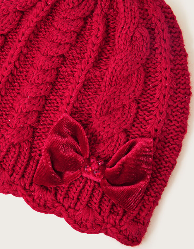 Velvet Bow Beanie Hat, Red (RED), large