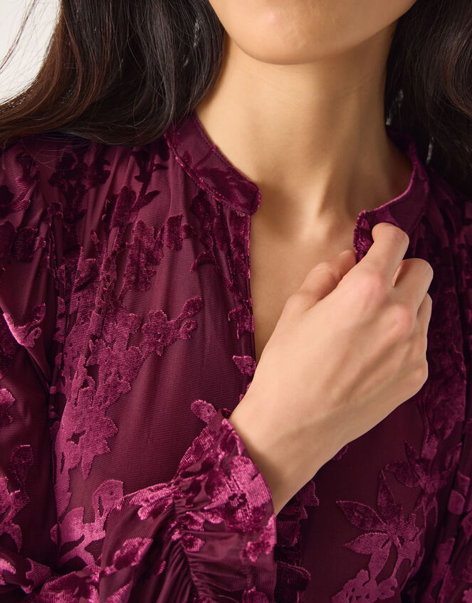 Denva Devoré V-Neck Blouse, Red (BERRY), large