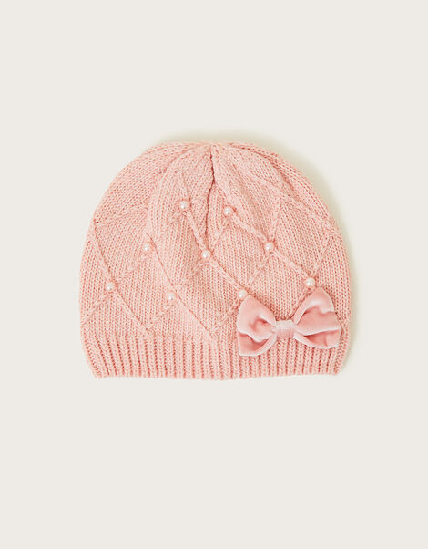 Pearly Cable Knit Beanie Hat in Recycled Polyester, Pink (PINK), large