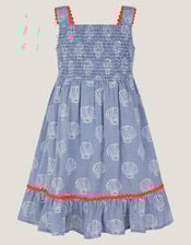 Shell Print Gingham Dress, Blue (BLUE), large