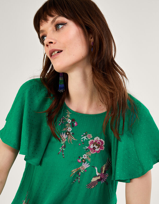 Jenny Embellished Flutter Sleeve T-Shirt, Green (GREEN), large