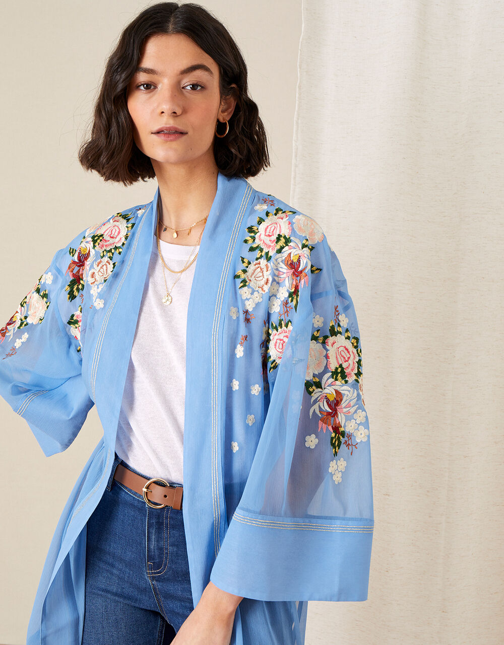 Sheer Embroidered Longline Kimono Blue | Women's Jackets | Monsoon Global.