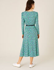 Printed Square Neck Jersey Midi Dress, Green (GREEN), large