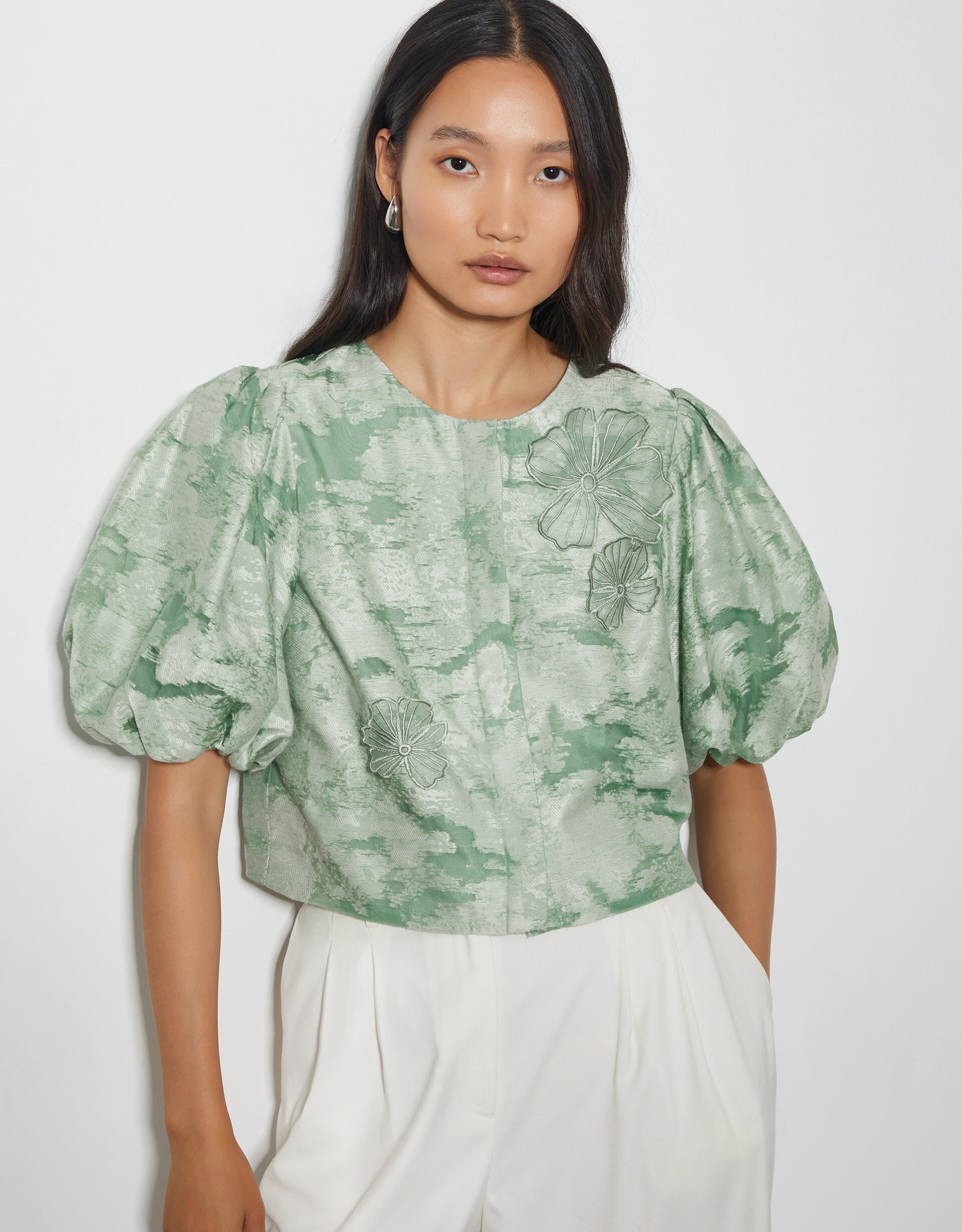 Josie Puff Sleeve Floral Jacquard Top Green