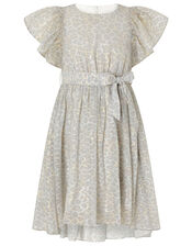 Alanis Animal Flutter Sleeve Dress, Grey (GREY), large