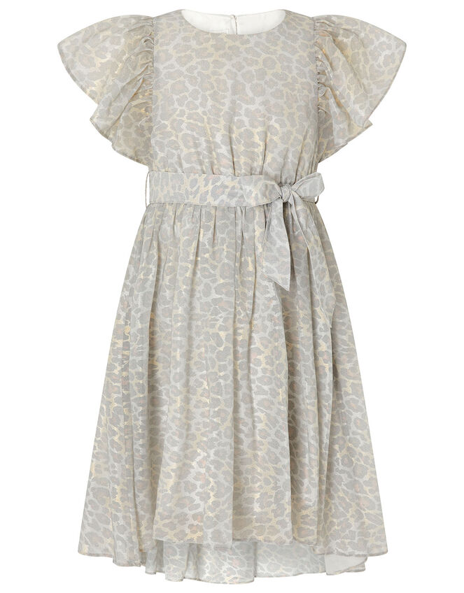 Alanis Animal Flutter Sleeve Dress, Grey (GREY), large
