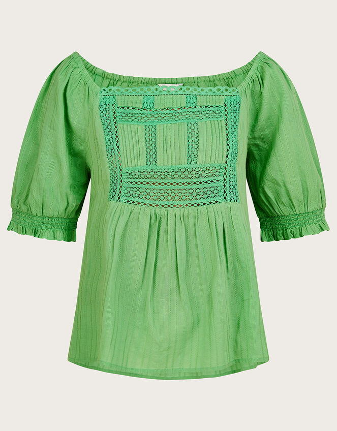 Lace Dobby Bardot Top in Sustainable Cotton, Green (GREEN), large