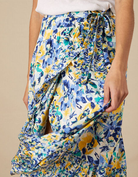 Floral Wrap Skirt in Recycled Polyester Blue, Blue (BLUE), large