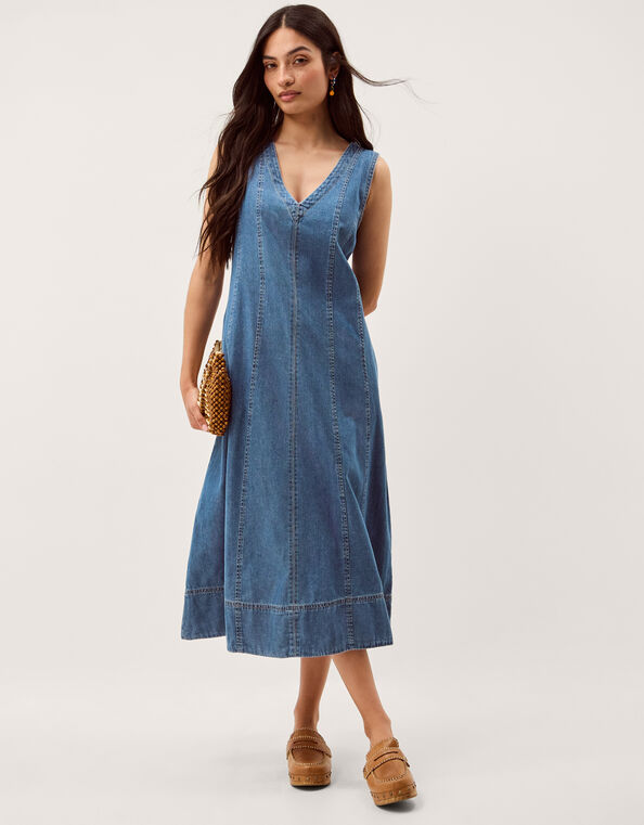 Tessa Sleeveless Denim Midi Dress, Blue (MID AUTHENTIC BLUE), large