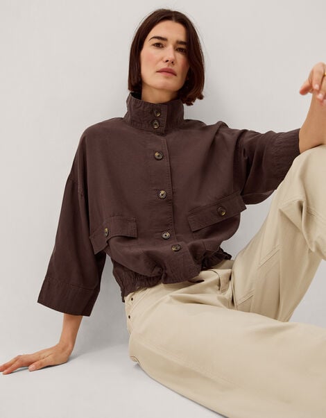 Marie Funnel Neck Linen Blend Jacket, Brown (CHOCOLATE), large