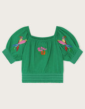 Embroidered Parrot Puff Sleeve Top, Green (GREEN), large