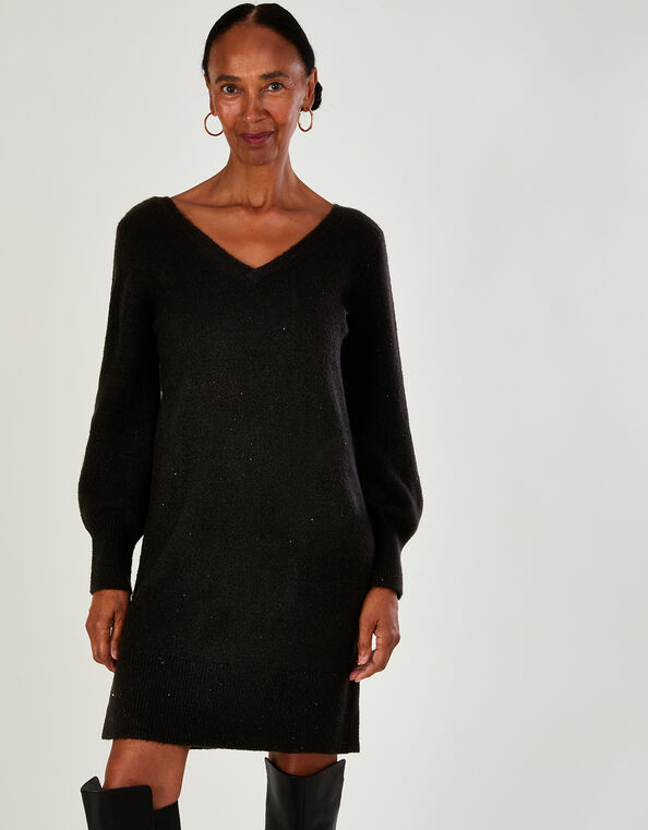 Sequin V-Detail Dress, Black (BLACK), large
