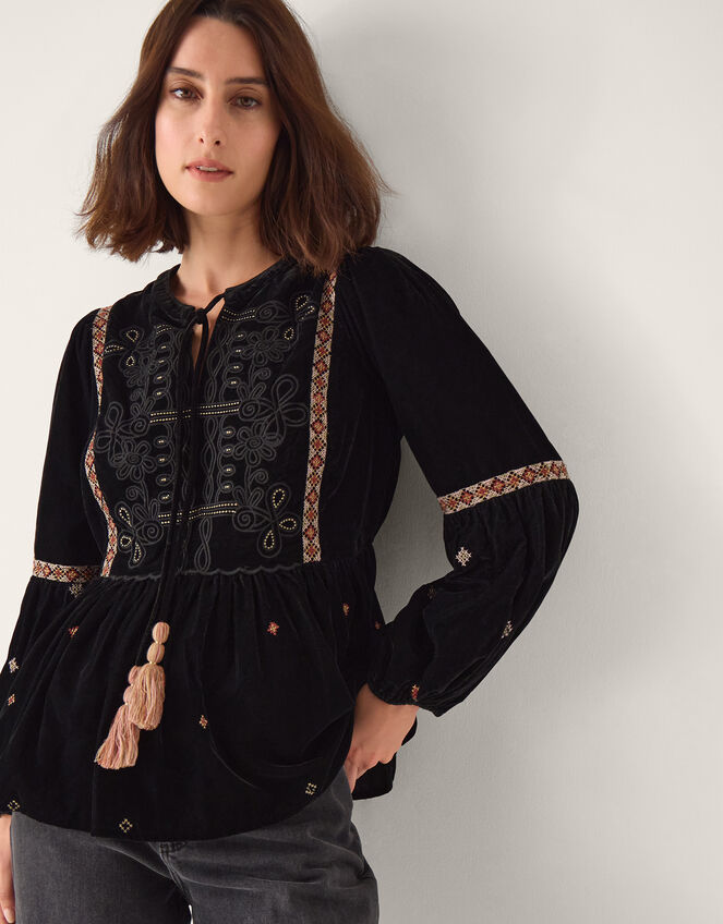 Noni Embroidered Velvet Long Sleeve Top , Black (BLACK), large