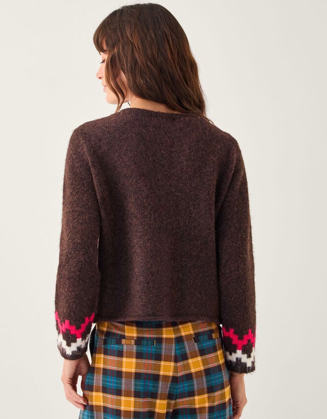 Monsoon x Sarah Corbett-Winder Swan Fair Isle Cardigan, Brown (CHOCOLATE), large