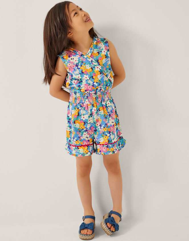 Floral Print Sleeveless Playsuit, Blue (BLUE), large