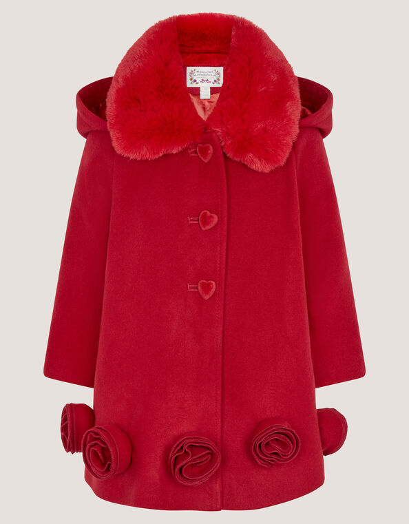 Baby Faux Fur Collar Rosette Coat, Red (RED), large