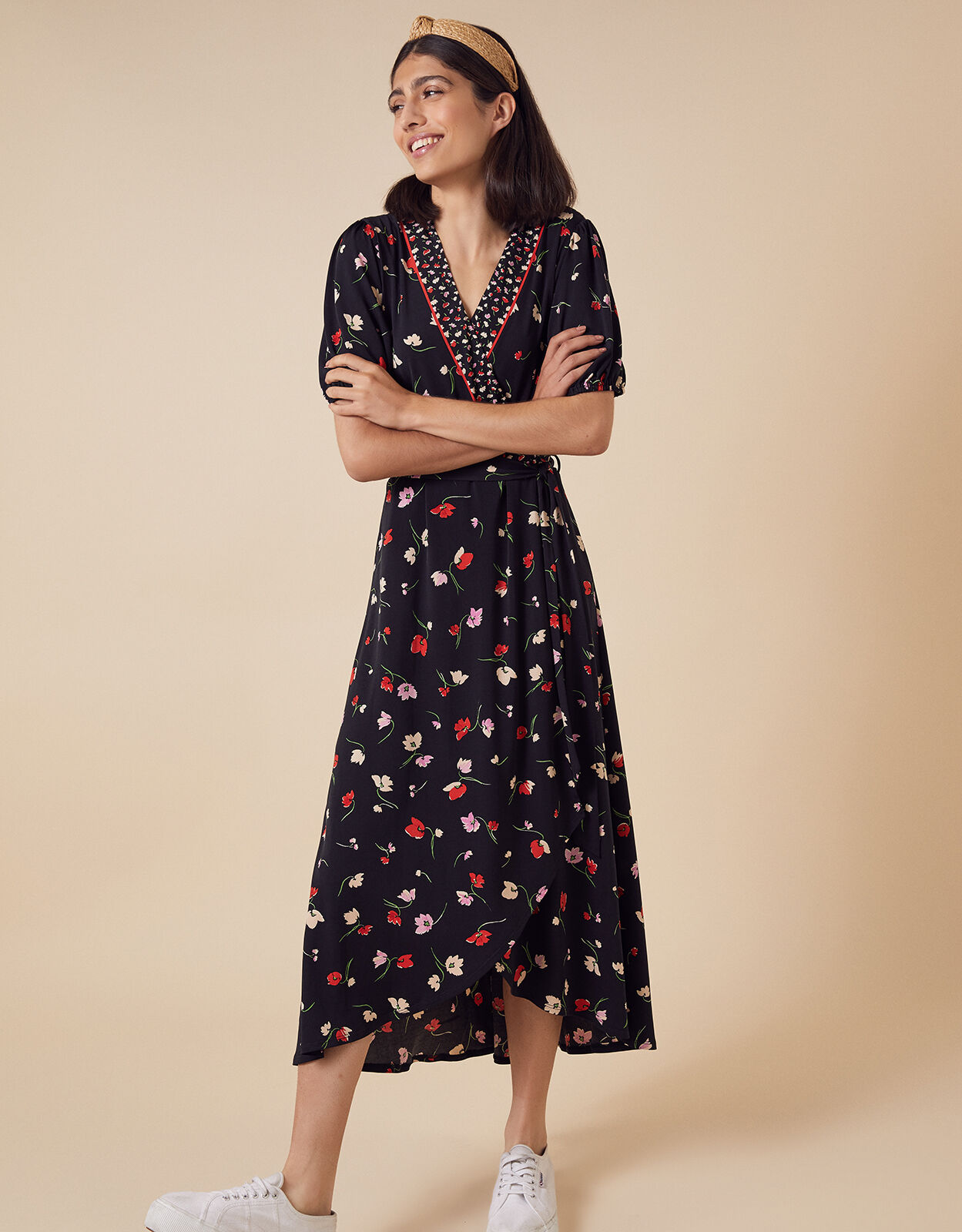 Floral Wrap Jersey Midi Dress Black 