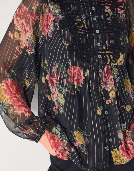Azami Shimmer Stripe Floral Blouse, Black (BLACK), large