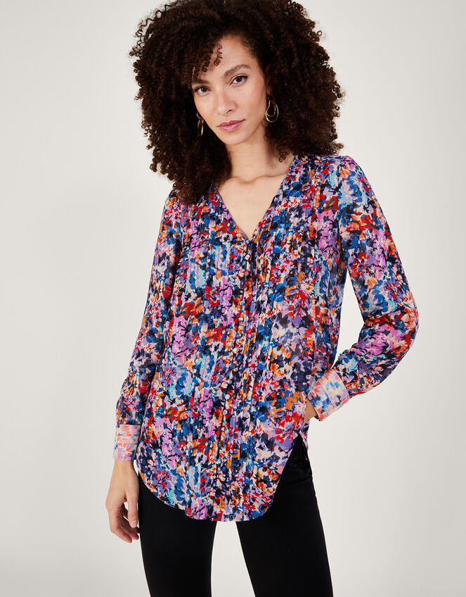 Palmer Print Pleated Blouse, Ivory (IVORY), large