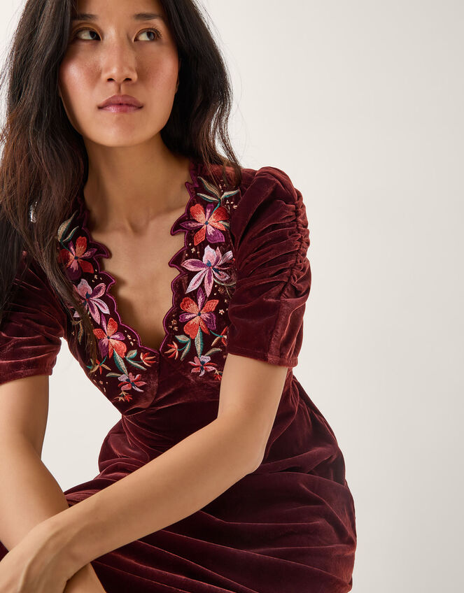 Josie Floral Embroidered Velvet Midi Dress, Copper (COPPER), large