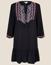 Embroidered Yoke Kaftan Dress, Black (BLACK), large