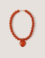Beaded Resin Heart Pendant Necklace, Orange (AMBER), large