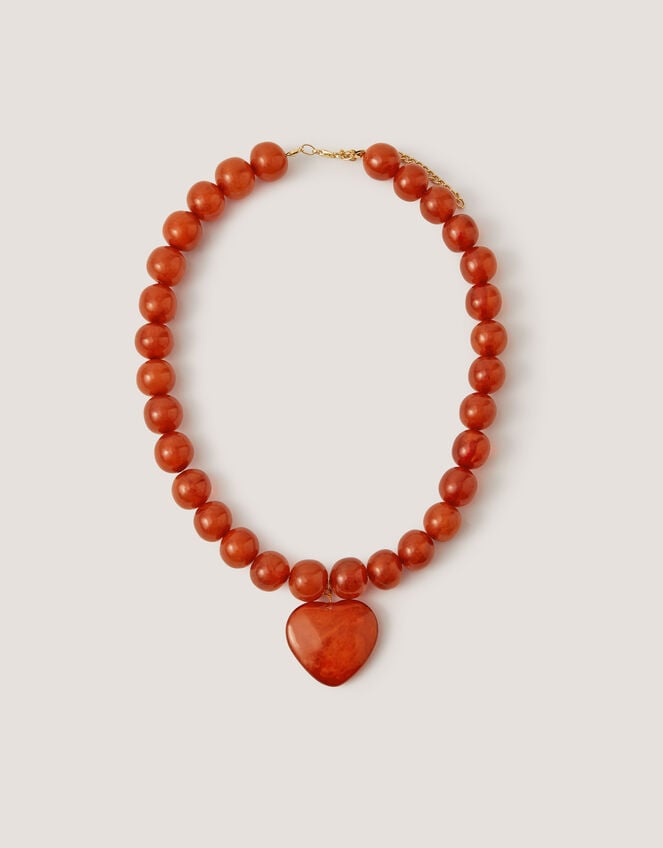 Beaded Resin Heart Pendant Necklace, Orange (AMBER), large