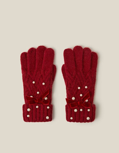 Pearl Cable Knit Gloves, Red (RED), large
