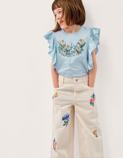 Floral Embroidered Frill T-Shirt, Blue (BLUE), large