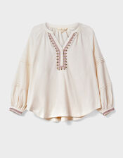 East Aralia Embroidered Cotton Blouse, Camel (BEIGE), large