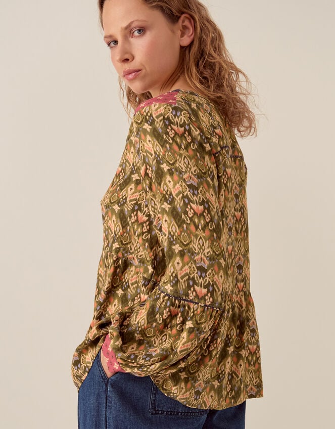 East Ikat Print Tassel Blouse, Green (GREEN), large